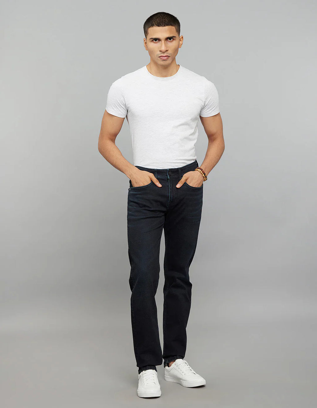 Dark Blue 5 Pocket Mid-Rise Slim Straight Fit Classic Stretch Jeans RJ6236