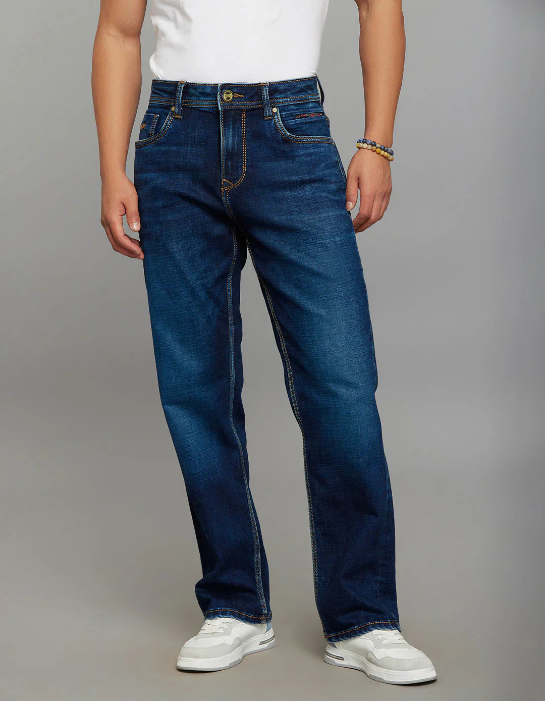 Dark Blue 5 Pocket Cropped Mid Rise, Comfort & Straight Fit Stretch Jeans RJ6337