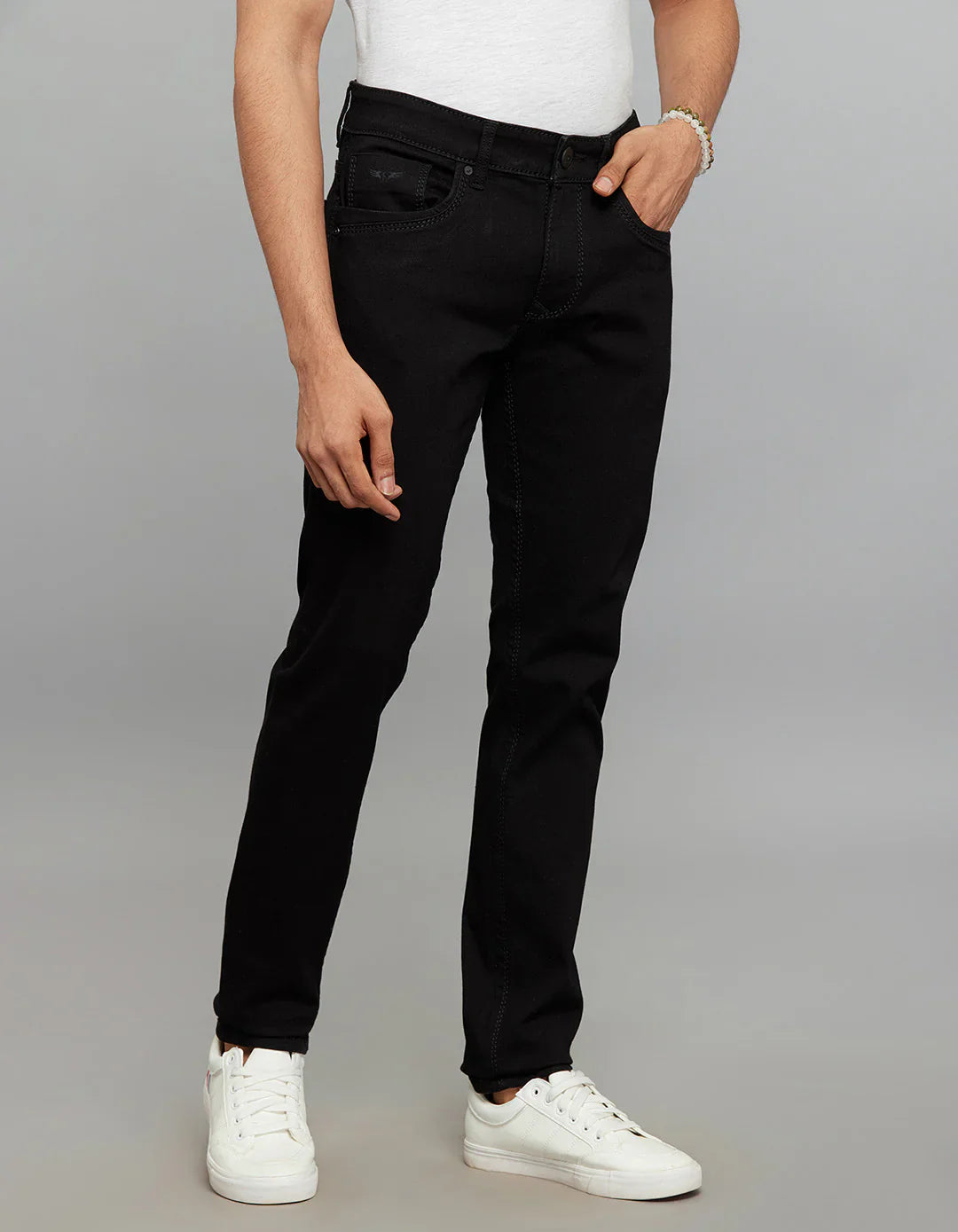 Black 5 Pocket Mid-Rise Slim Straight Fit Stretch Jeans RJ6309