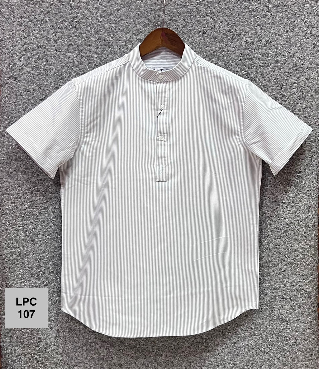 Mandarin Collar Micro-Stripe Box-Pleat Shirt 107