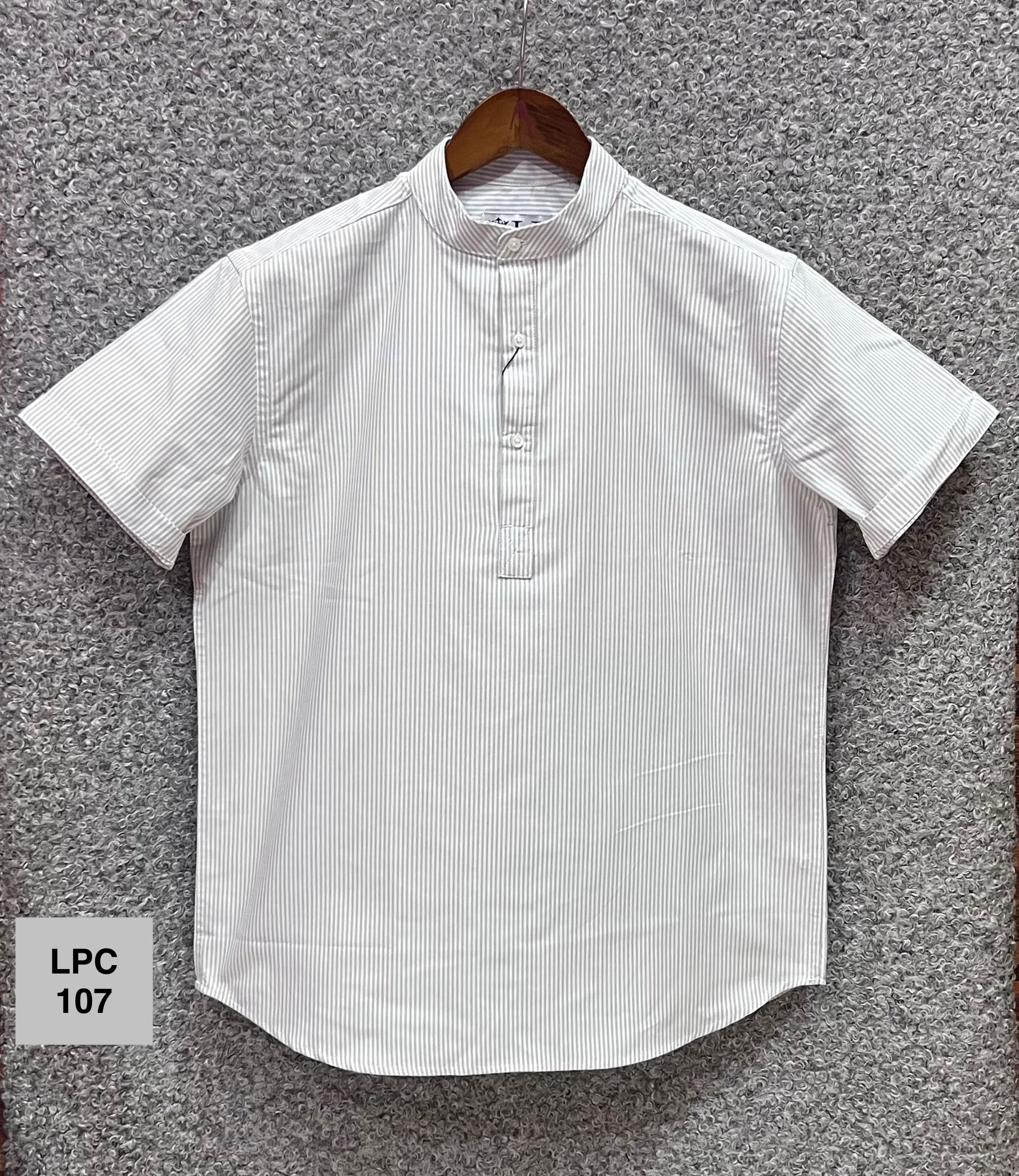 Mandarin Collar Micro-Stripe Box-Pleat Shirt 107