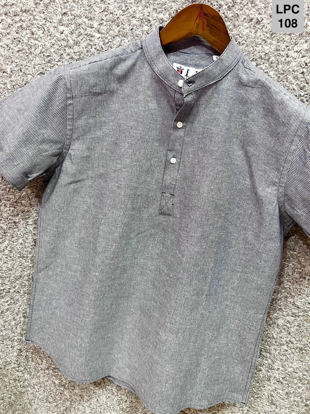 Mandarin Collar Micro-Stripe Box-Pleat Shirt 108