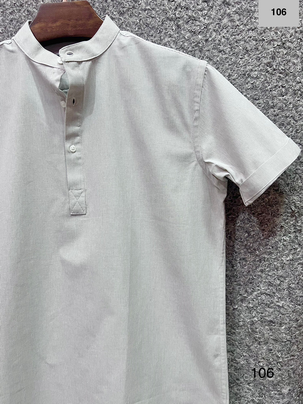 Mandarin Collar Micro-Stripe Box-Pleat Shirt 106
