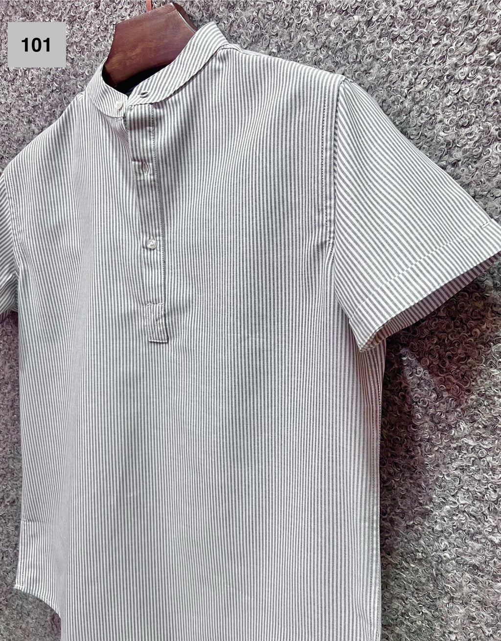 Mandarin Collar Micro-Stripe Box-Pleat Shirt 101