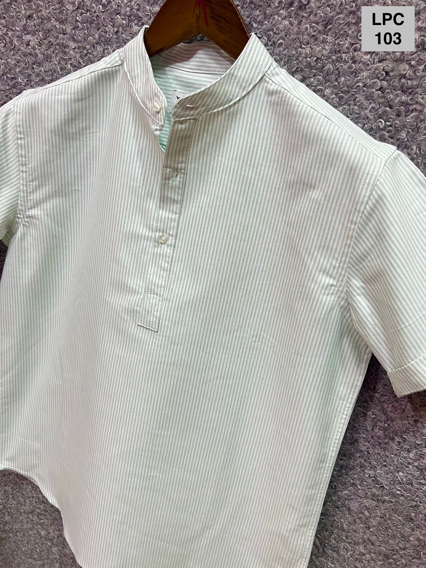 Mandarin Collar Micro-Stripe Box-Pleat Shirt 103
