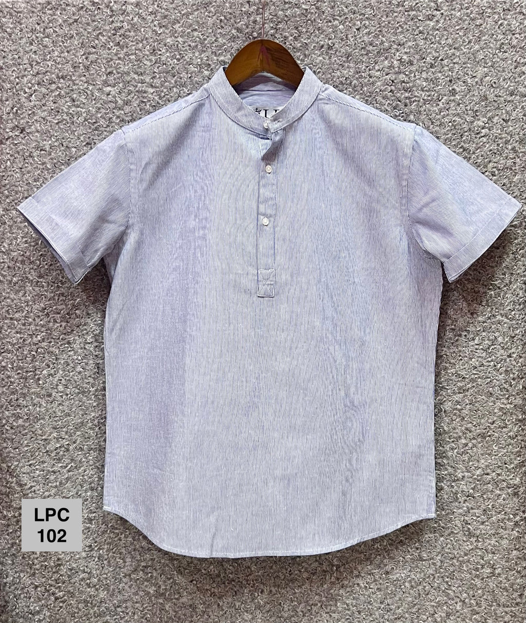 Mandarin Collar Micro-Stripe Box-Pleat Shirt 102