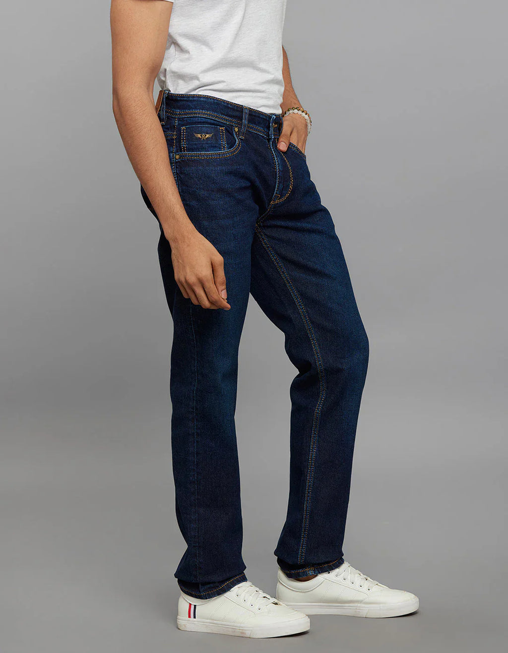 Dark Blue 5 Pocket Mid-Rise Slim Straight Fit Stretch Jeans RJ6305