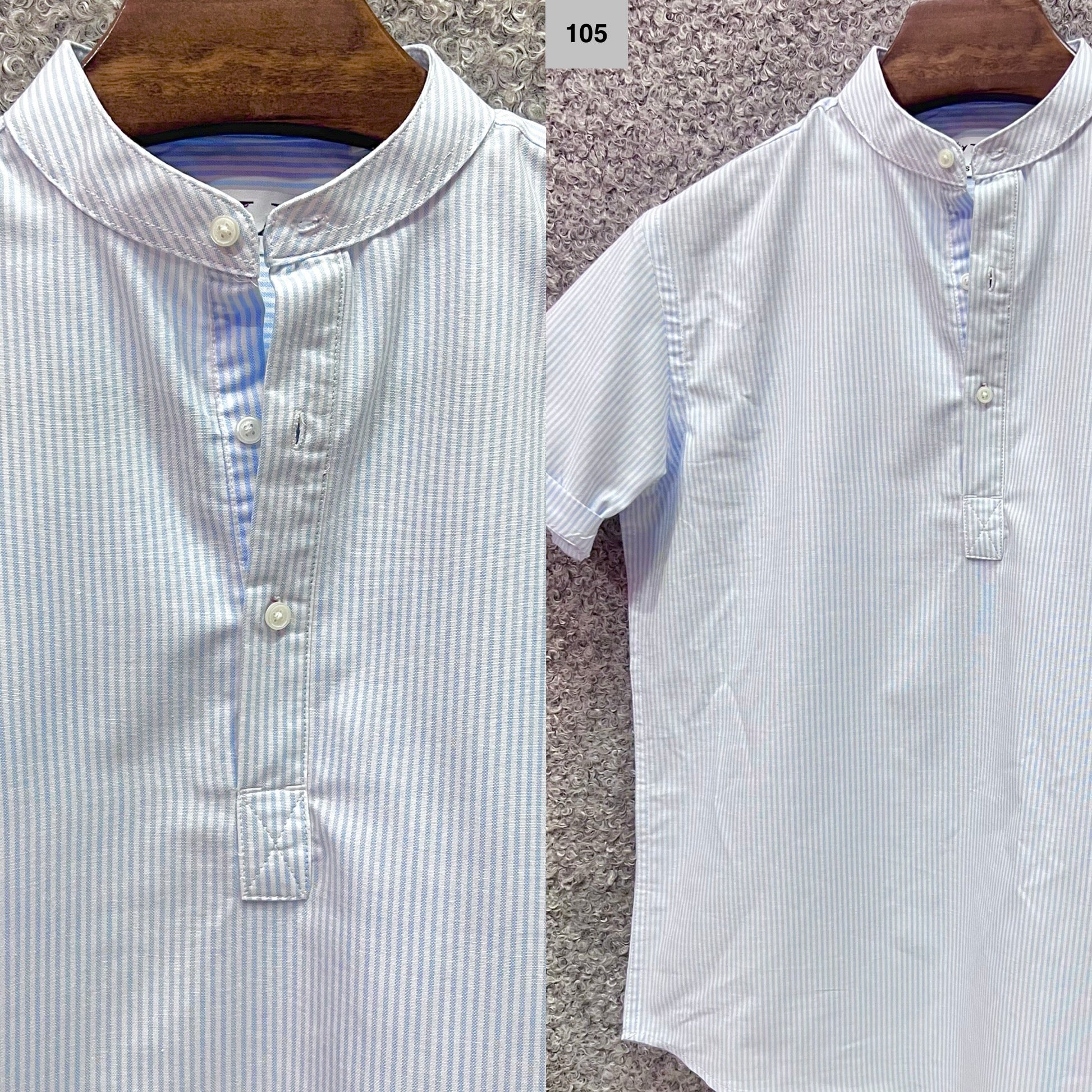 Mandarin Collar Micro-Stripe Box-Pleat Shirt 105