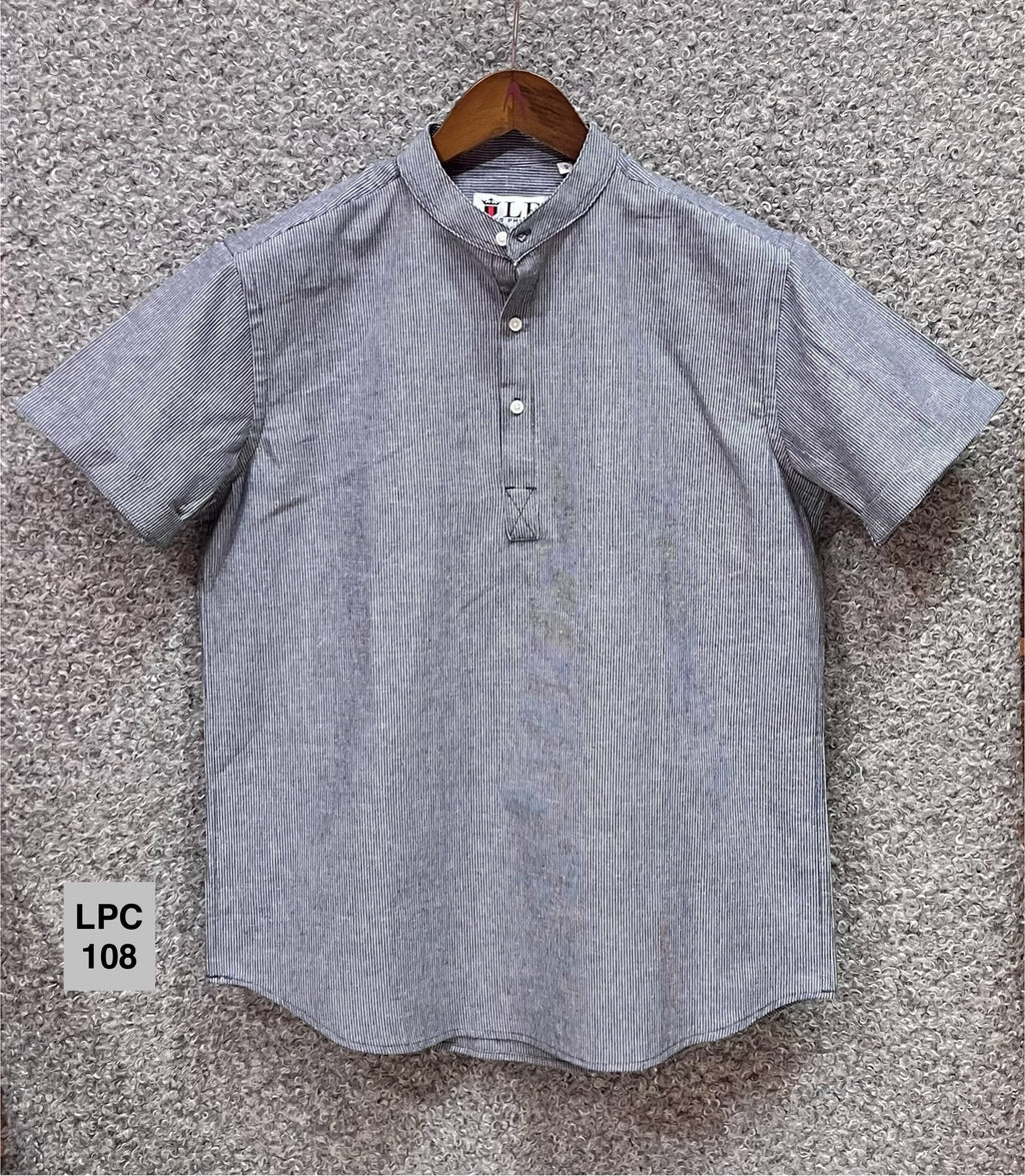 Mandarin Collar Micro-Stripe Box-Pleat Shirt 108