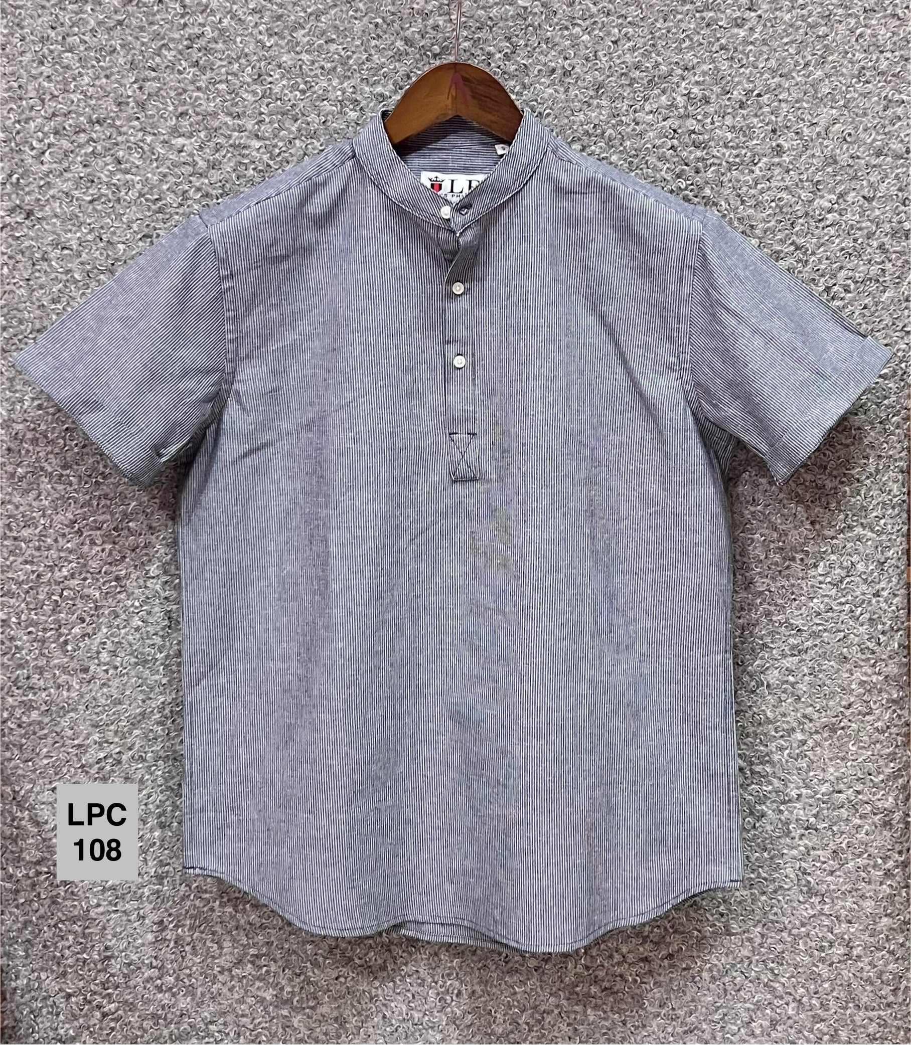 Mandarin Collar Micro-Stripe Box-Pleat Shirt 108