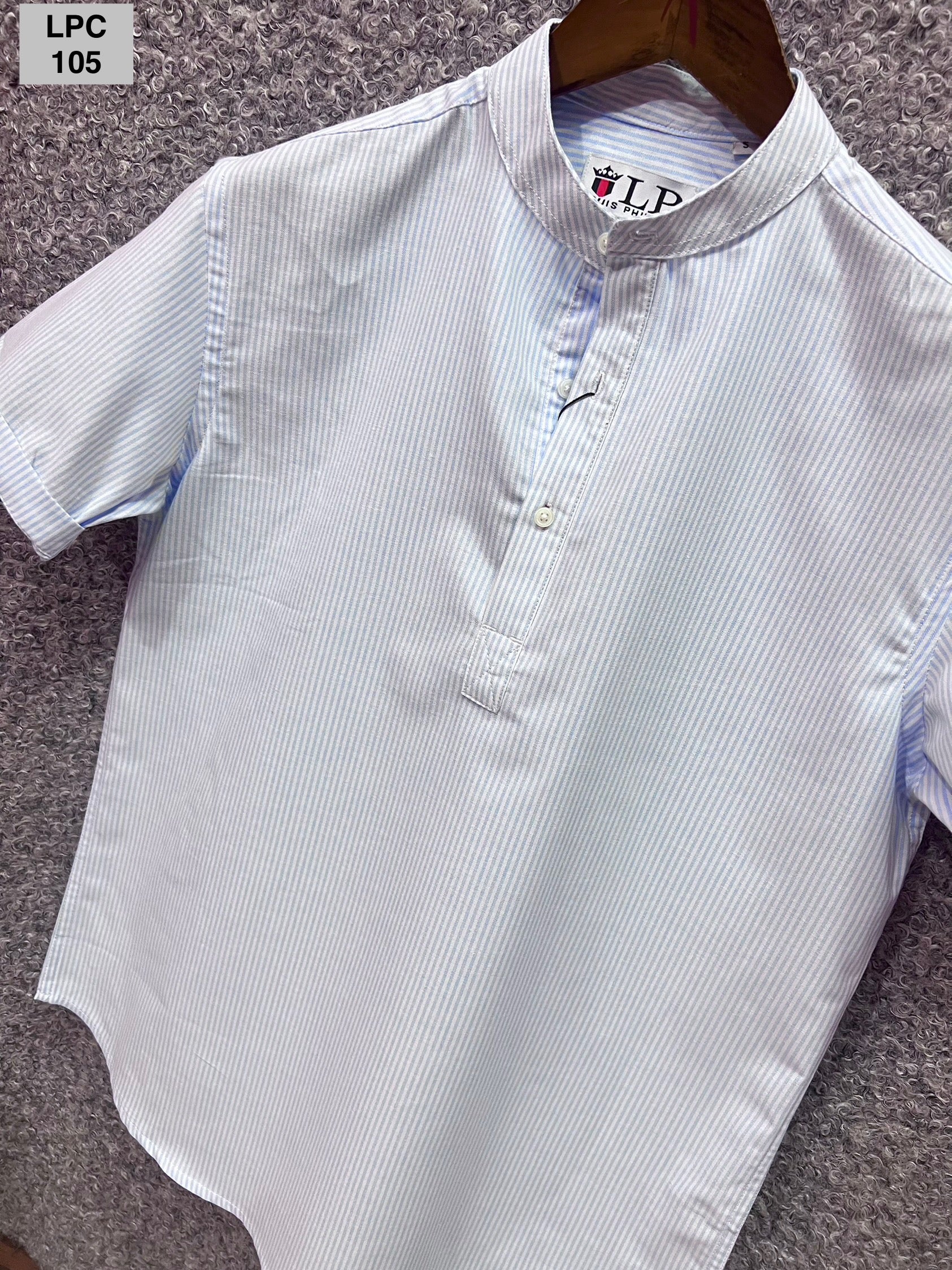 Mandarin Collar Micro-Stripe Box-Pleat Shirt 105