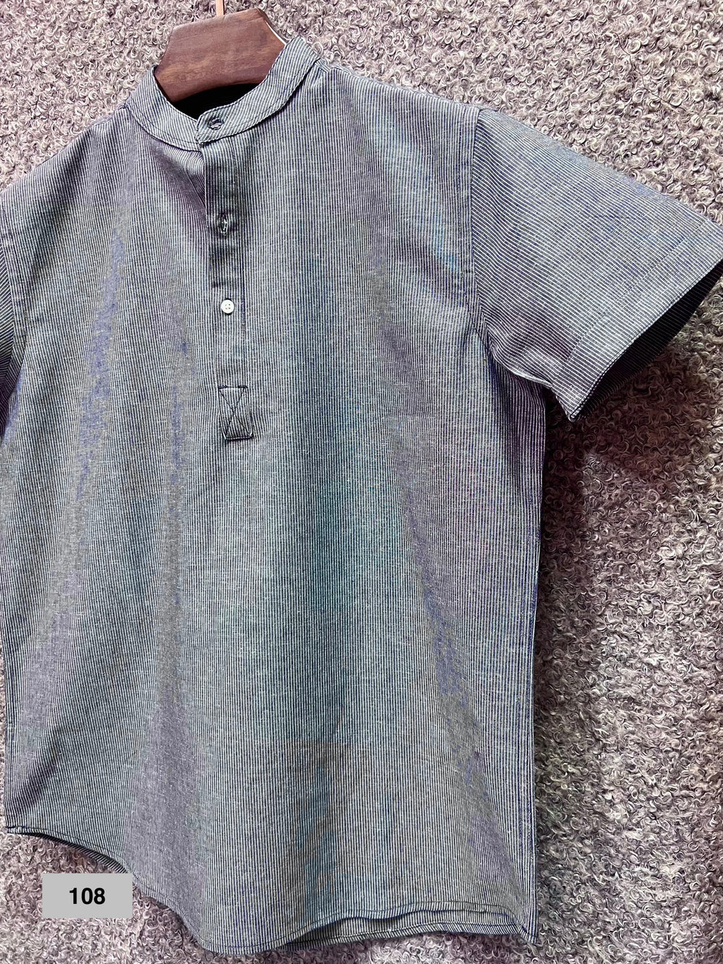 Mandarin Collar Micro-Stripe Box-Pleat Shirt 108