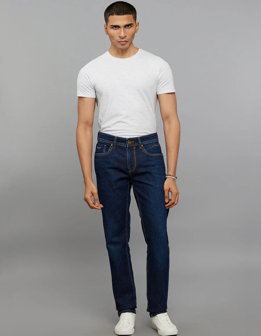 Dark Blue 5 Pocket Mid-Rise Slim Straight Fit Stretch Jeans RJ6305
