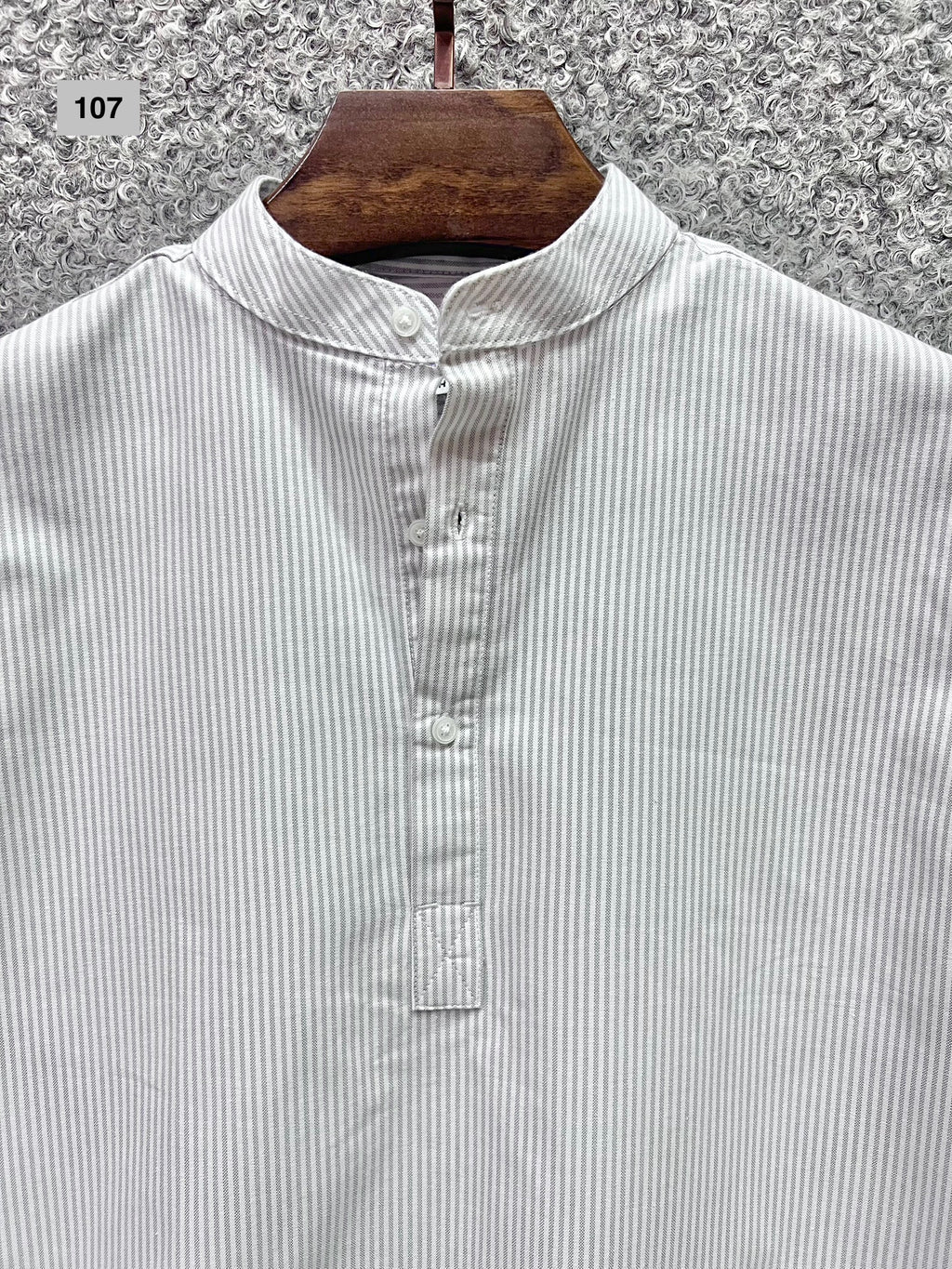Mandarin Collar Micro-Stripe Box-Pleat Shirt 107