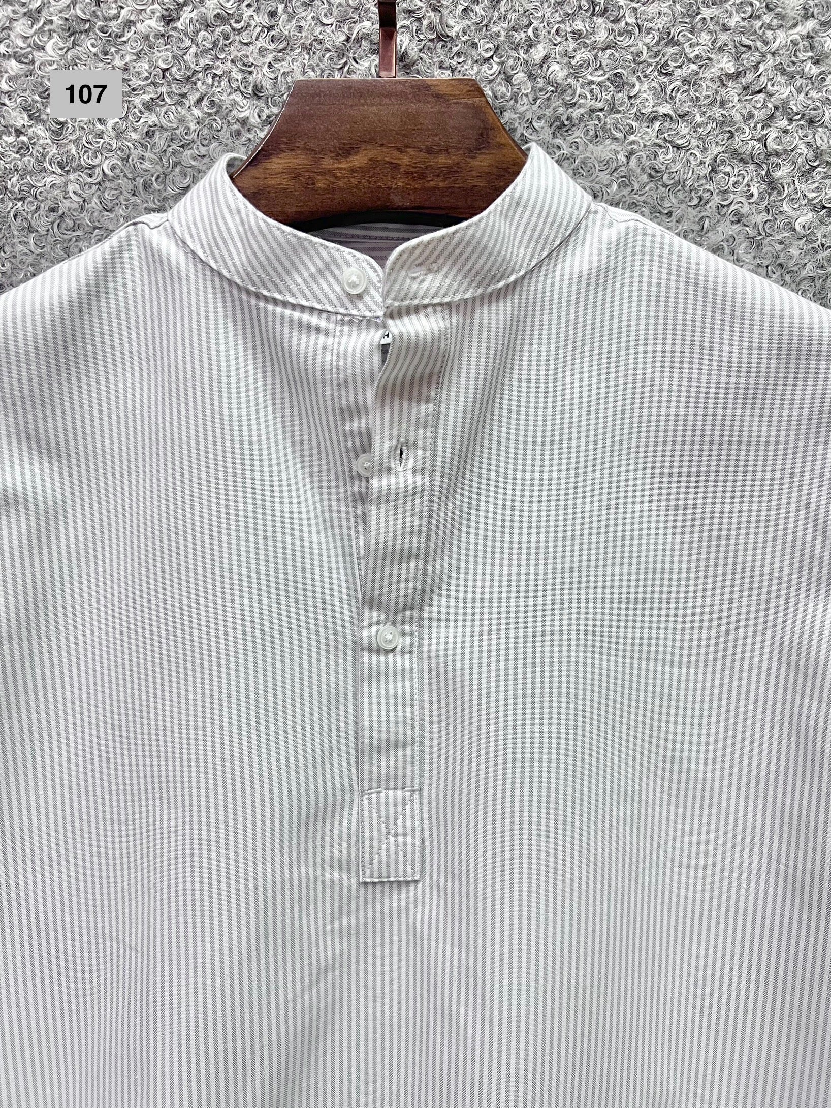 Mandarin Collar Micro-Stripe Box-Pleat Shirt 107