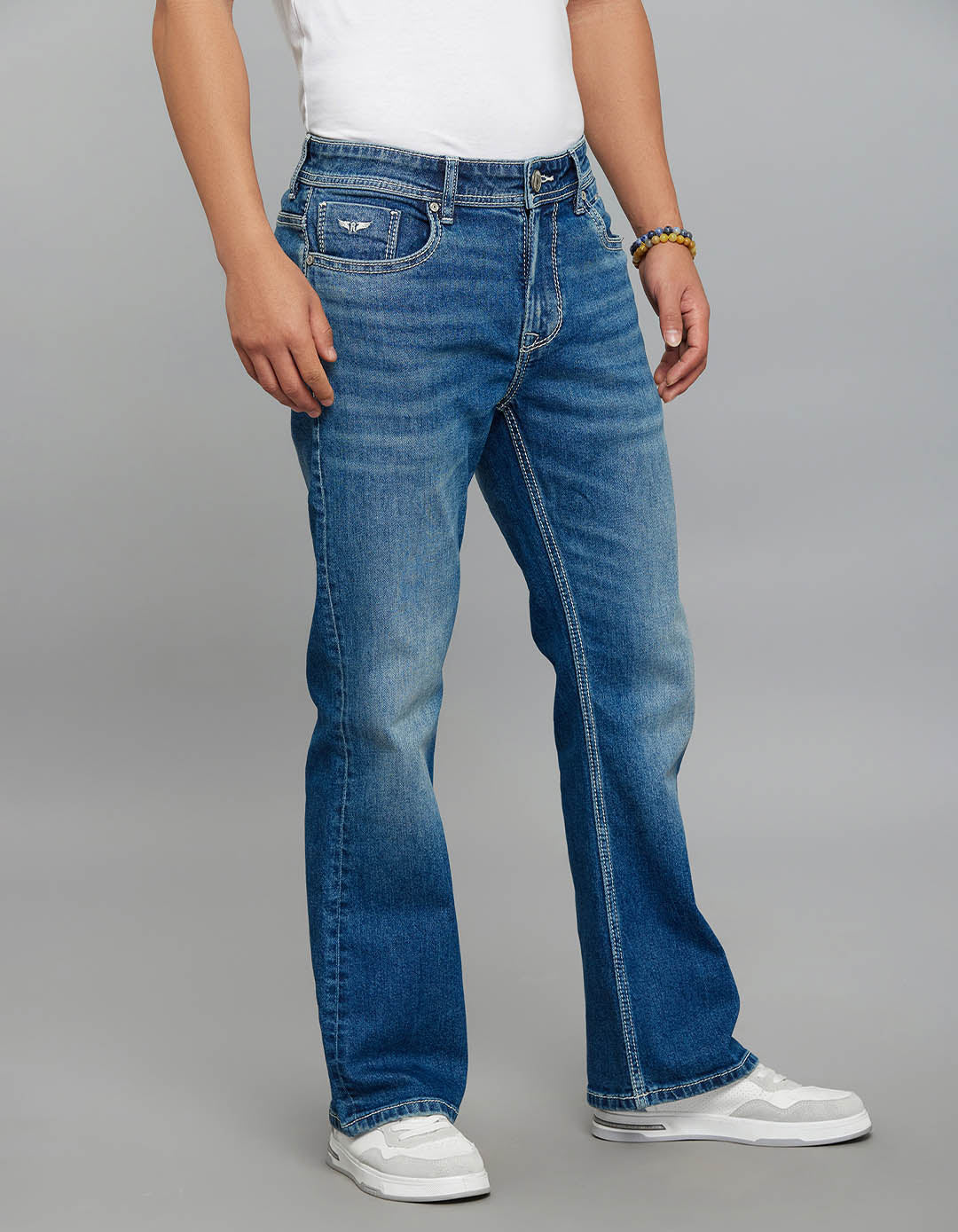 Rookies Mid-Rise Cropped Length Loose Bootcut Jeans - Medium Blue RJ6323