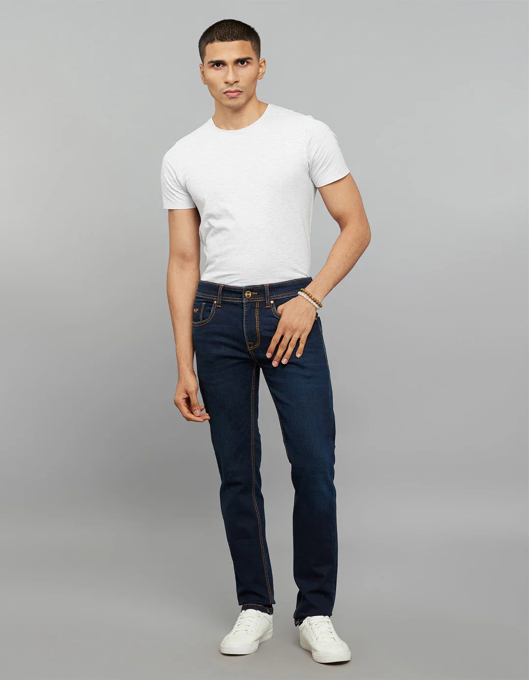 Dark Blue 5 Pocket Mid-Rise Slim Straight Fit Knit Jeans RJ6375