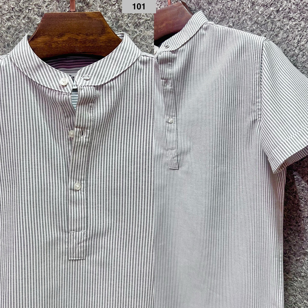 Mandarin Collar Micro-Stripe Box-Pleat Shirt 101