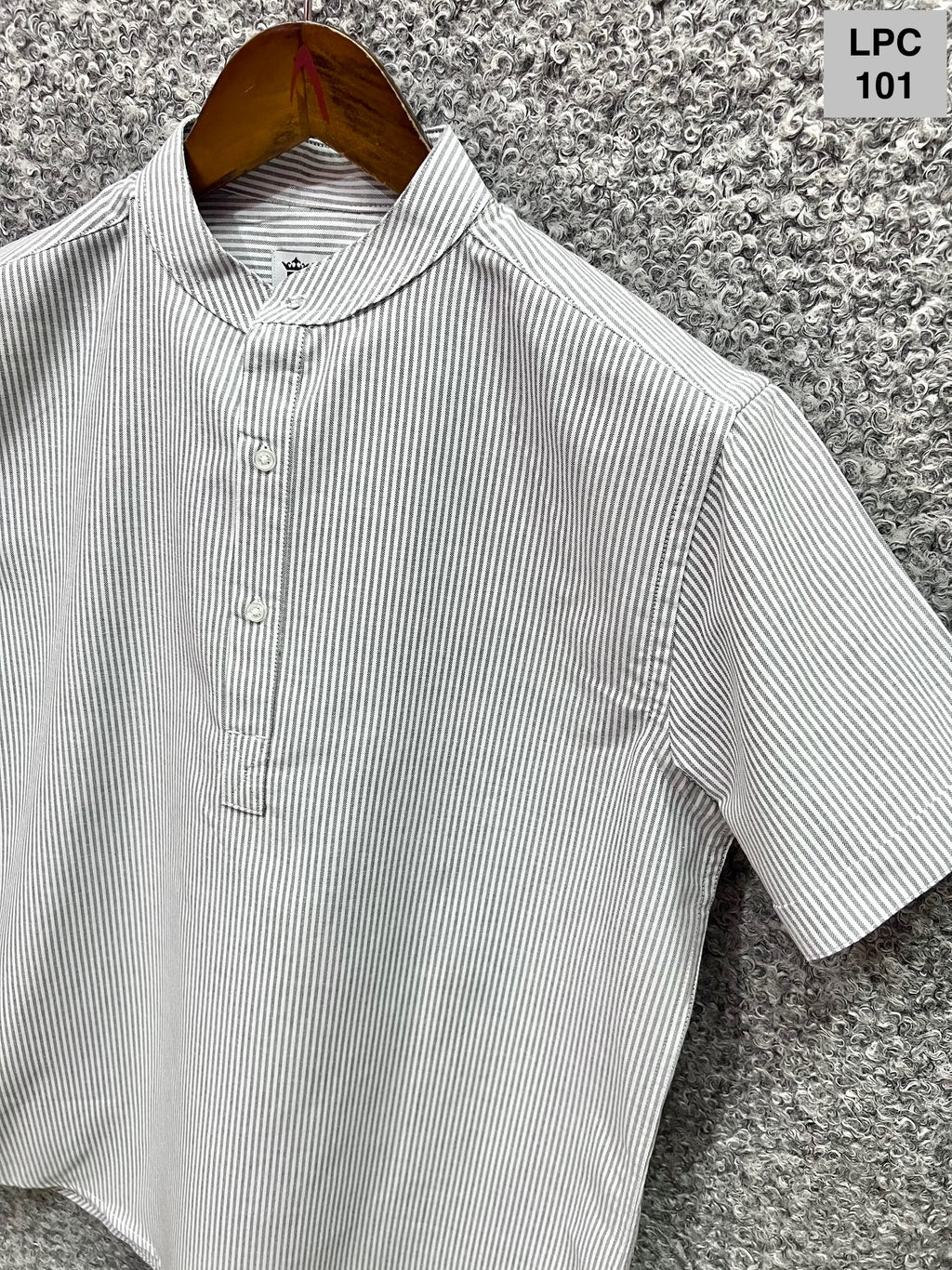 Mandarin Collar Micro-Stripe Box-Pleat Shirt 101