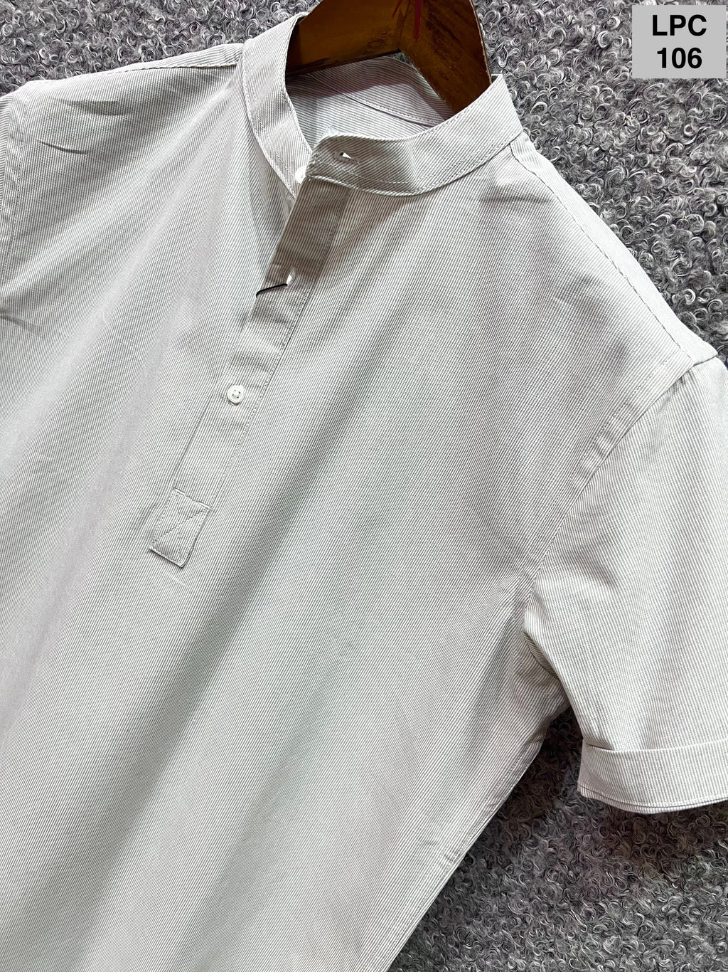 Mandarin Collar Micro-Stripe Box-Pleat Shirt 106