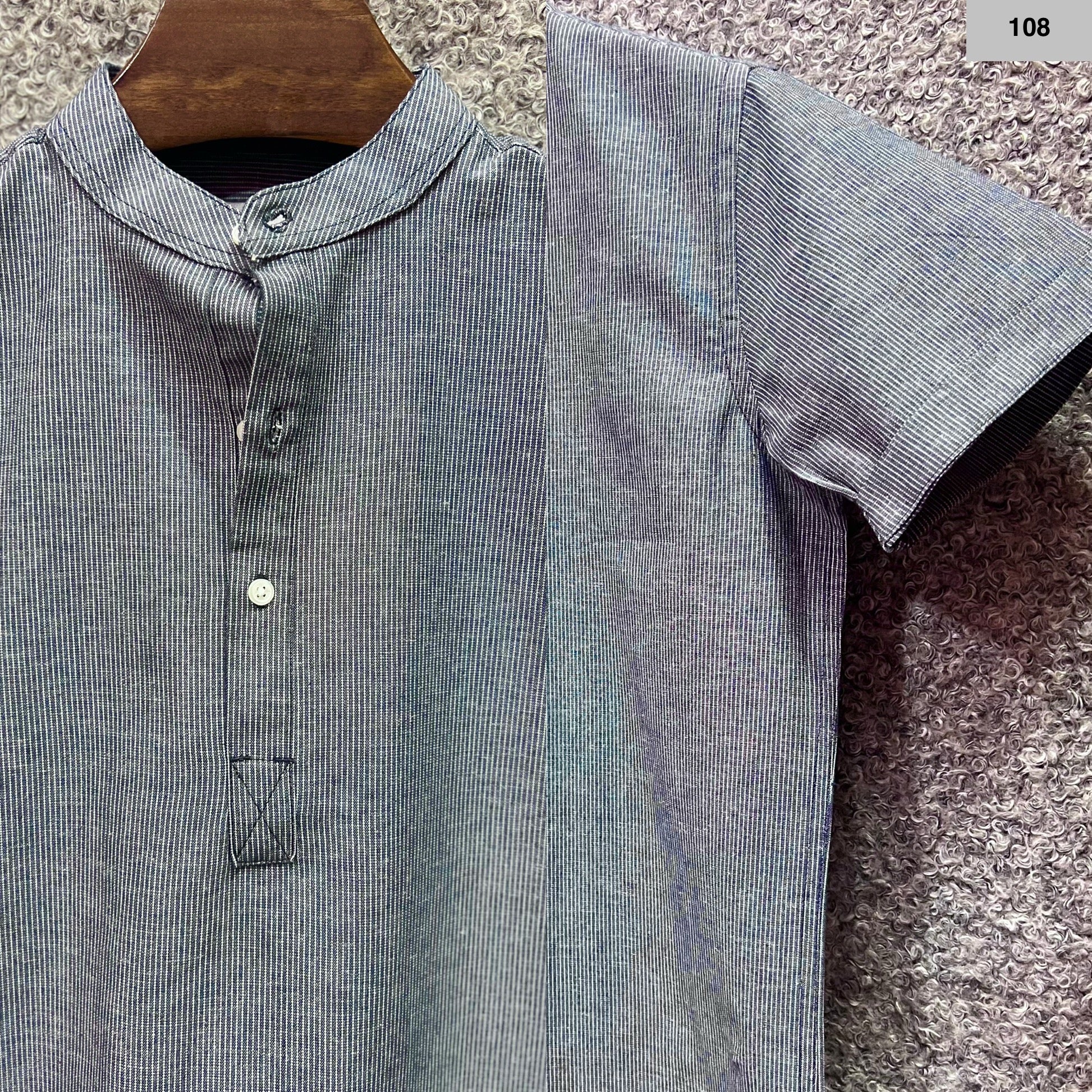 Mandarin Collar Micro-Stripe Box-Pleat Shirt 108