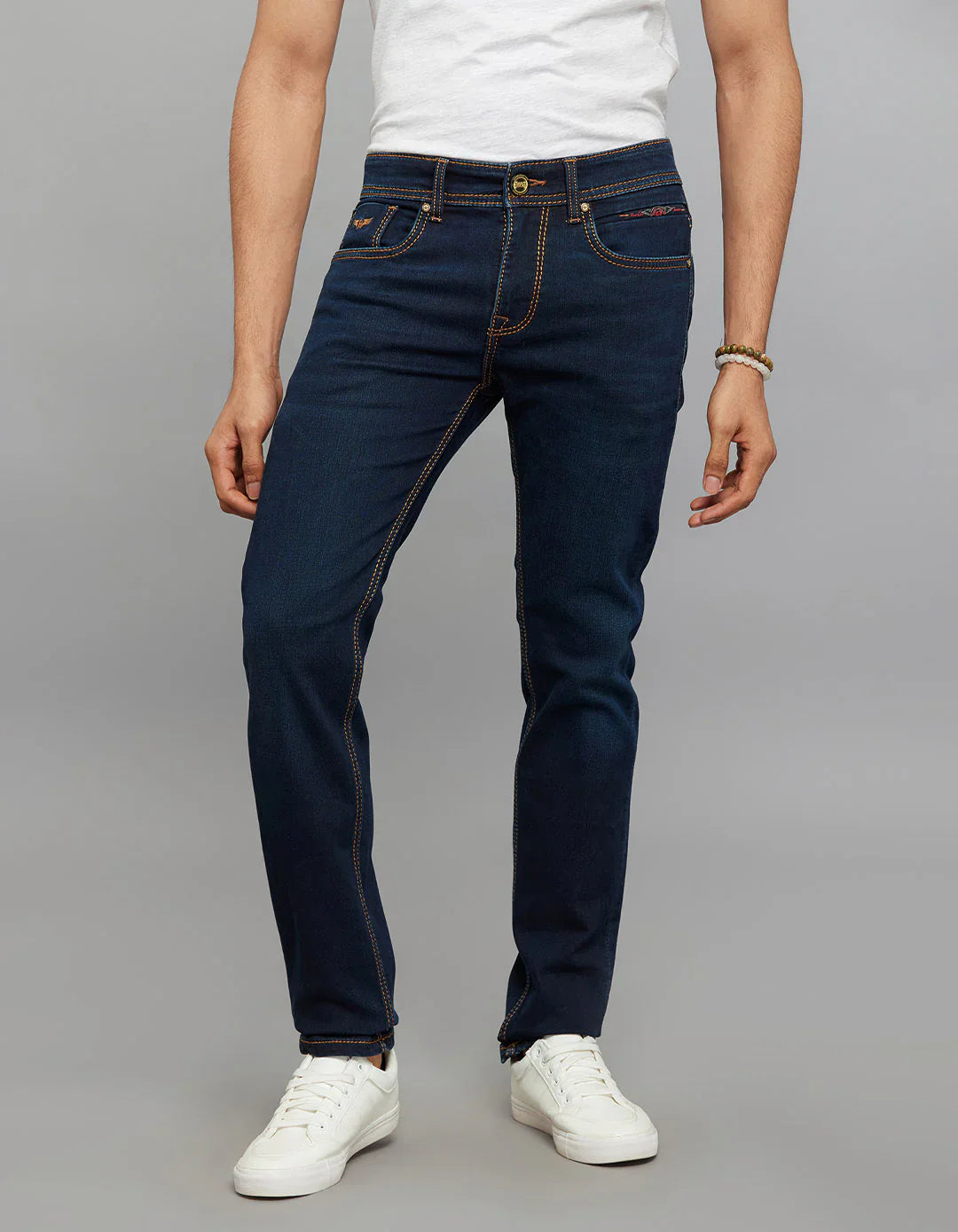 Dark Blue 5 Pocket Mid-Rise Slim Straight Fit Knit Jeans RJ6375