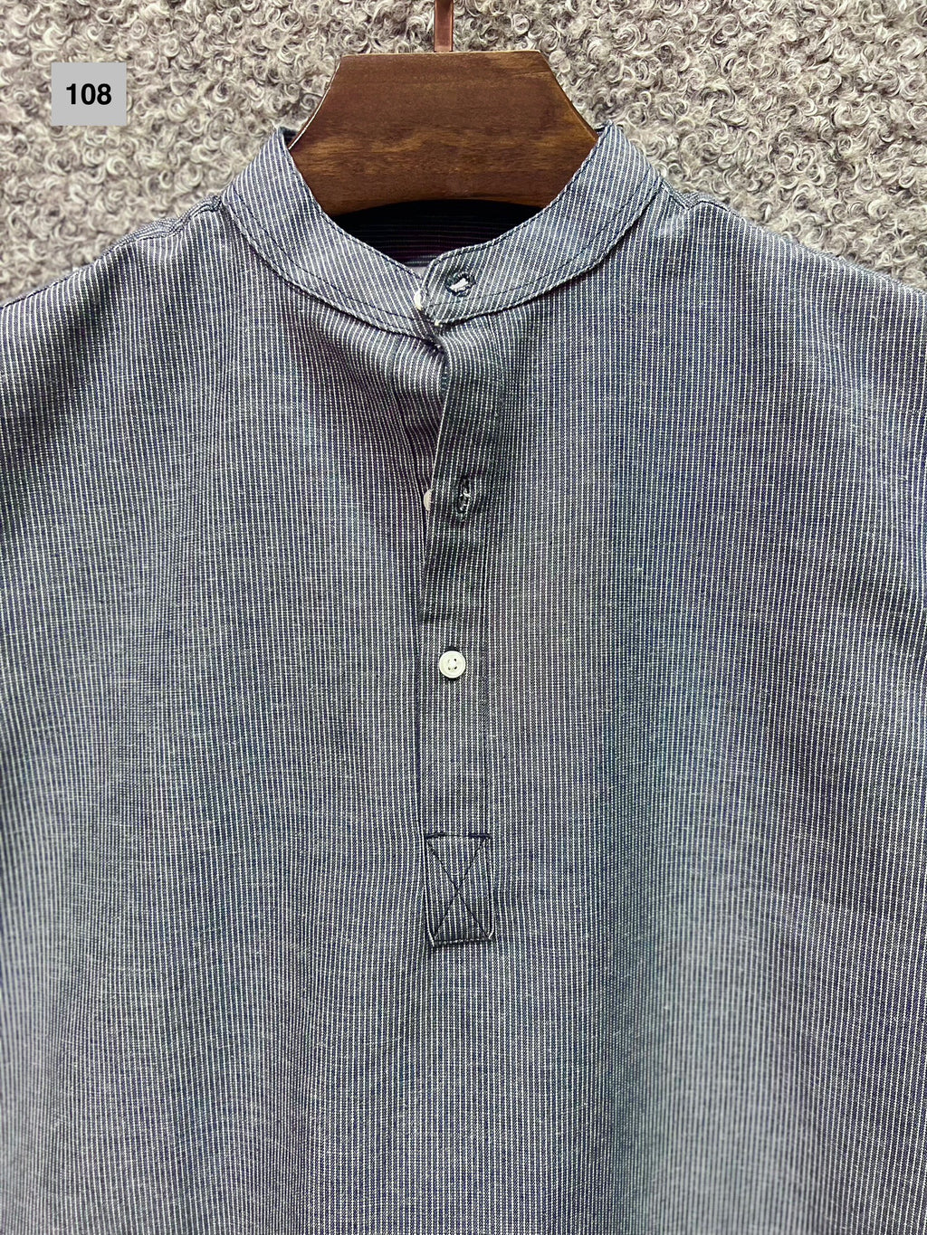 Mandarin Collar Micro-Stripe Box-Pleat Shirt 108