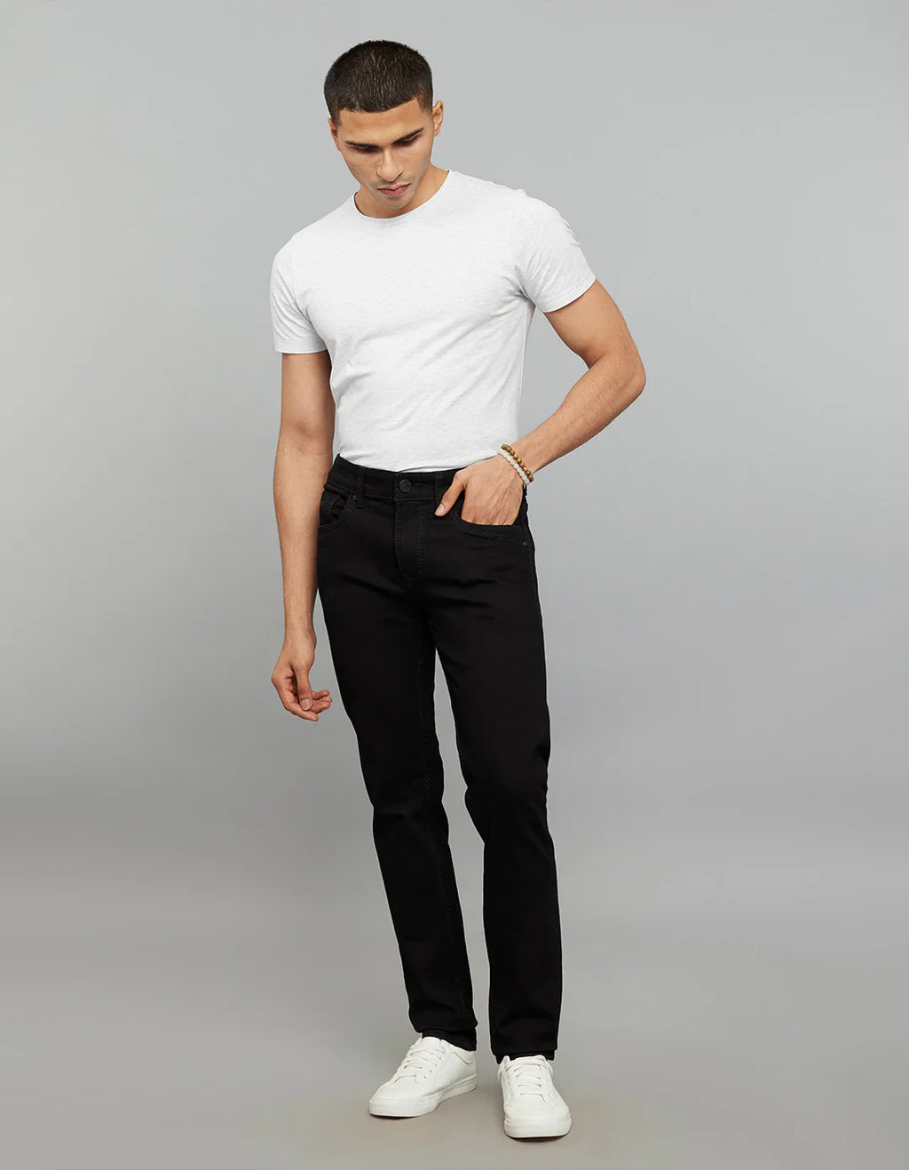 Black 5 Pocket Mid-Rise Slim Straight Fit Stretch Jeans RJ6309
