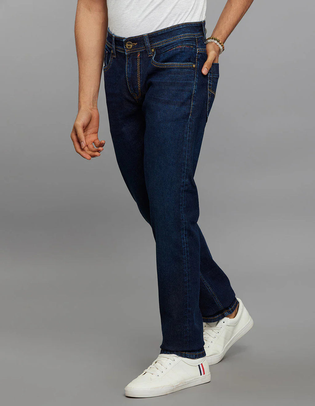 Dark Blue 5 Pocket Mid-Rise Slim Straight Fit Stretch Jeans RJ6305