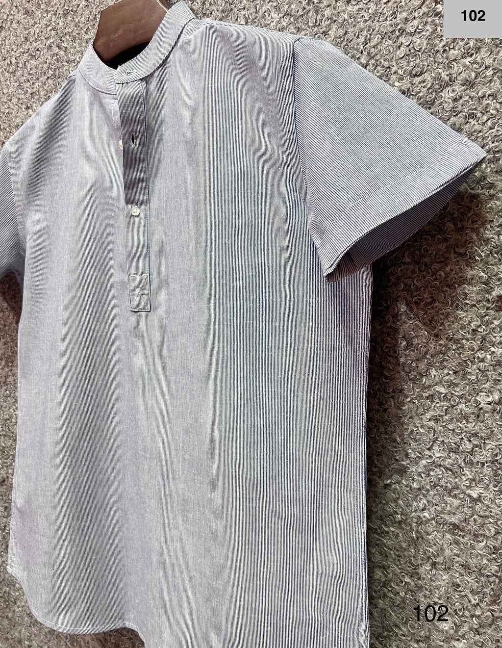 Mandarin Collar Micro-Stripe Box-Pleat Shirt 102