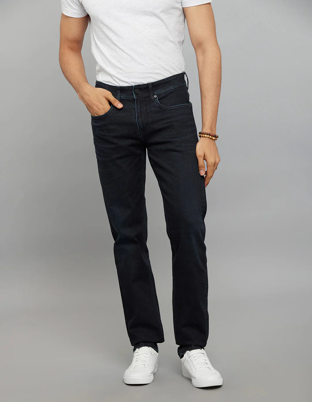 Dark Blue 5 Pocket Mid-Rise Slim Straight Fit Classic Stretch Jeans RJ6236