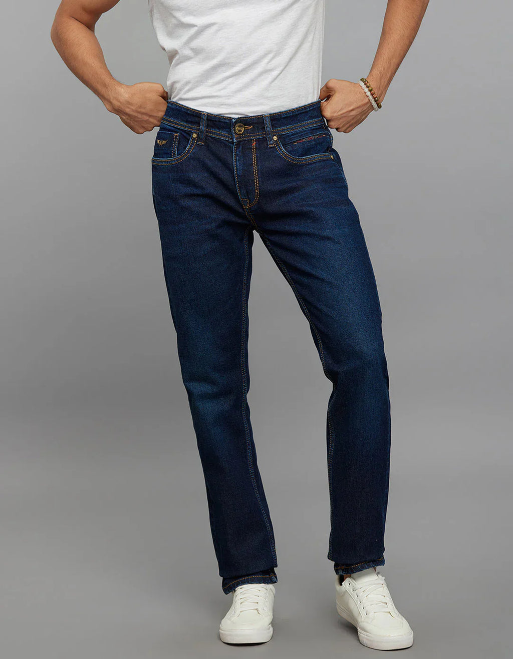 Dark Blue 5 Pocket Mid-Rise Slim Straight Fit Stretch Jeans RJ6305