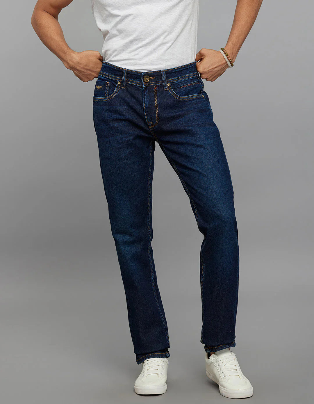 Dark Blue 5 Pocket Mid-Rise Slim Straight Fit Stretch Jeans RJ6305