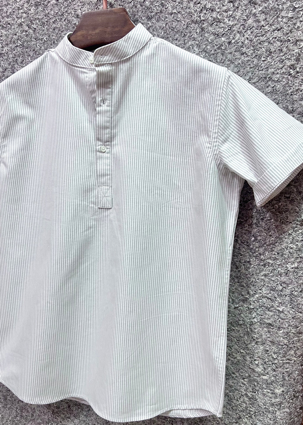 Mandarin Collar Micro-Stripe Box-Pleat Shirt 107