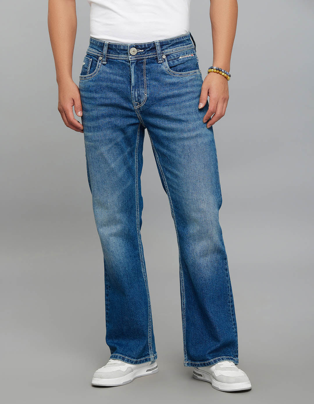 Rookies Mid-Rise Cropped Length Loose Bootcut Jeans - Medium Blue RJ6323