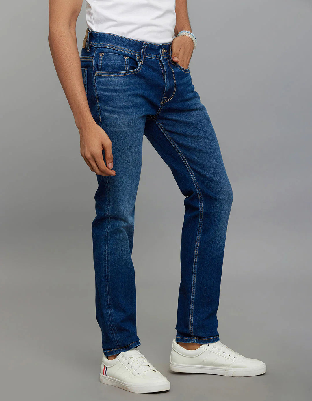 Medium Blue 5 Pocket Mid-Rise Slim Straight Fit Classic Stretch Jeans RJ6238