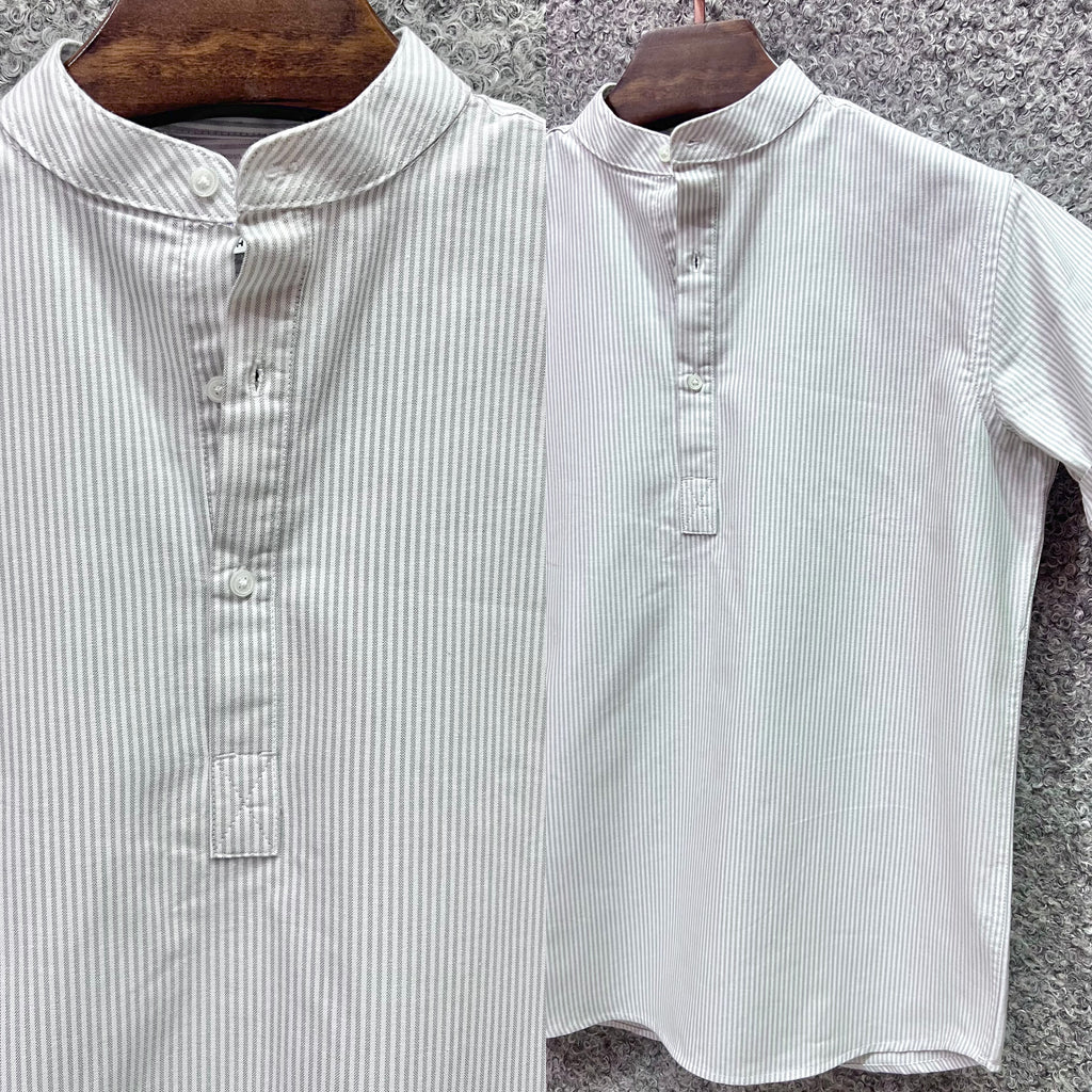Mandarin Collar Micro-Stripe Box-Pleat Shirt 107