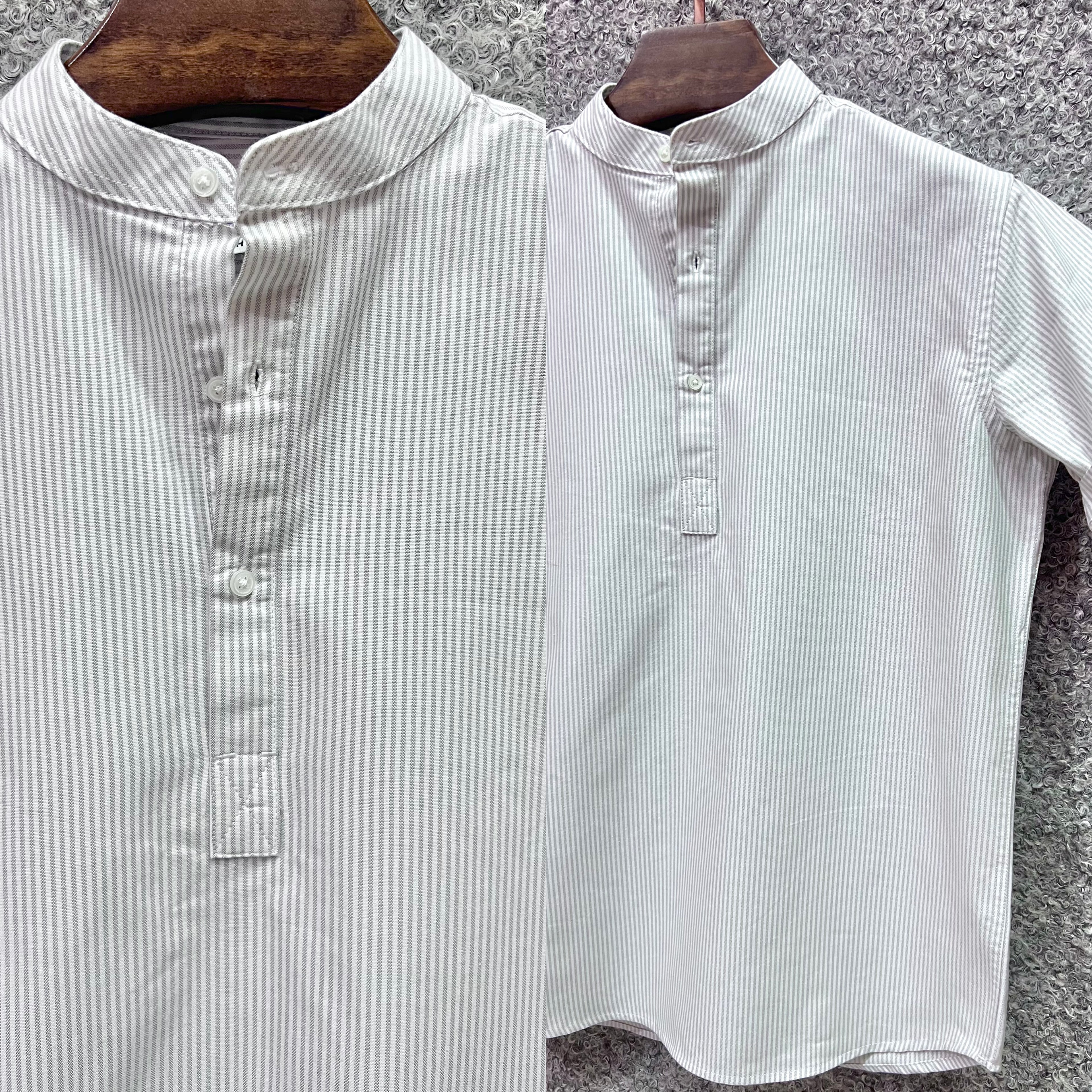 Mandarin Collar Micro-Stripe Box-Pleat Shirt 107