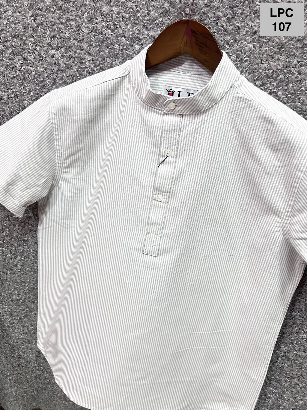 Mandarin Collar Micro-Stripe Box-Pleat Shirt 107