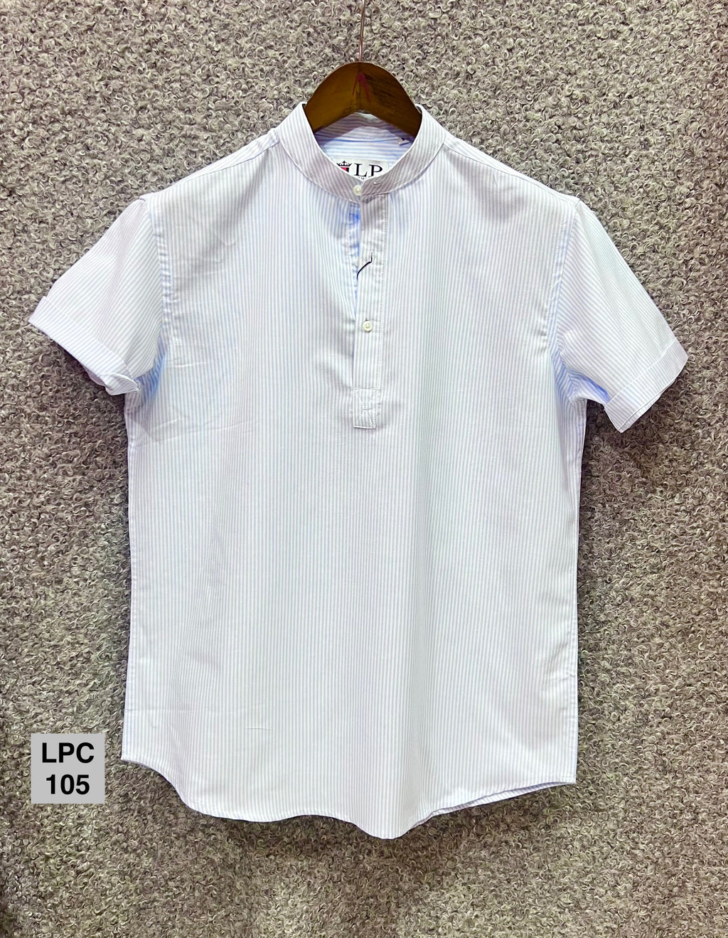 Mandarin Collar Micro-Stripe Box-Pleat Shirt 105