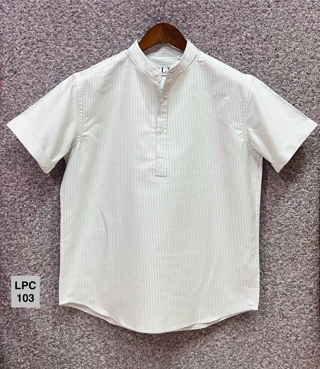 Mandarin Collar Micro-Stripe Box-Pleat Shirt 103