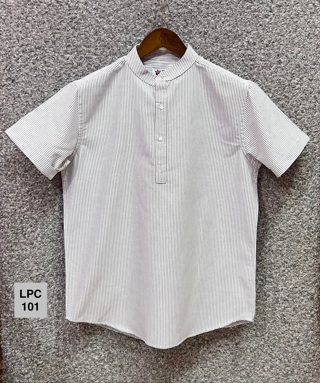 Mandarin Collar Micro-Stripe Box-Pleat Shirt 101