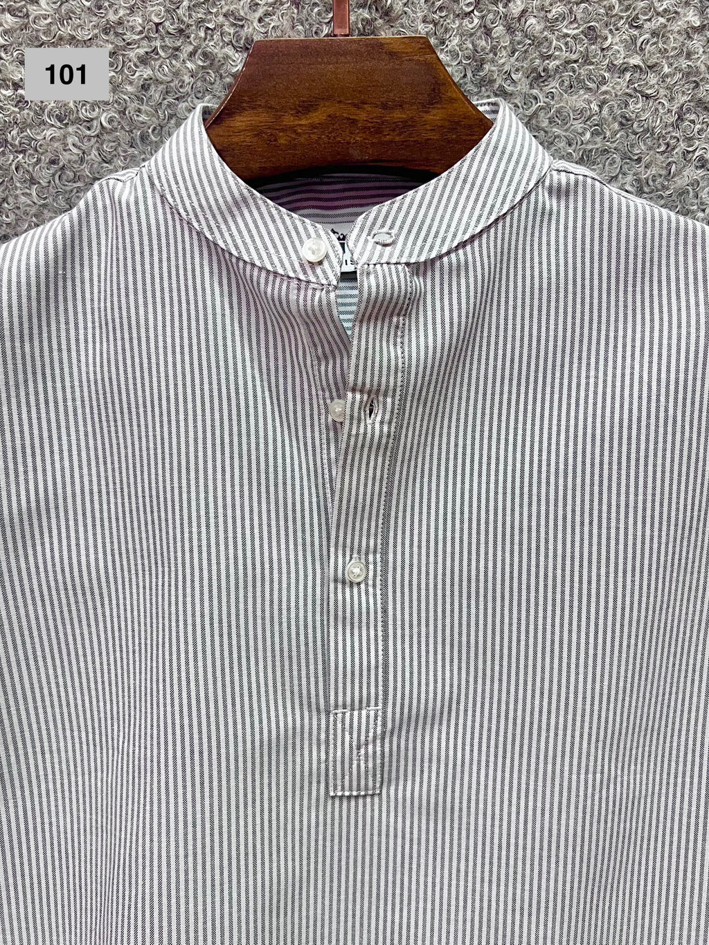 Mandarin Collar Micro-Stripe Box-Pleat Shirt 101