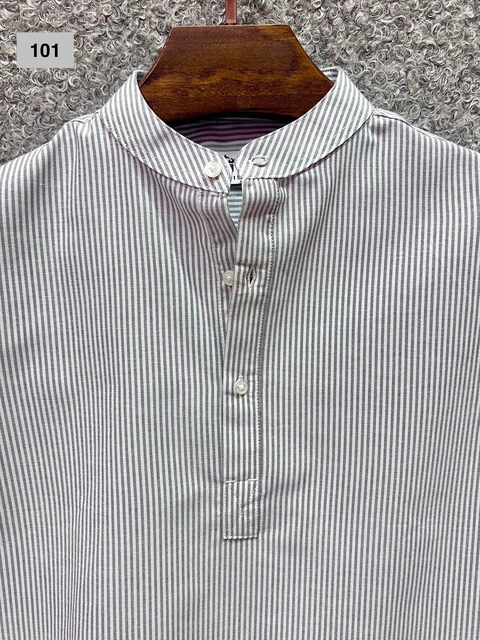 Mandarin Collar Micro-Stripe Box-Pleat Shirt 101
