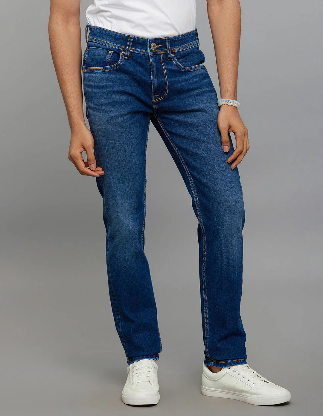 Medium Blue 5 Pocket Mid-Rise Slim Straight Fit Classic Stretch Jeans RJ6238