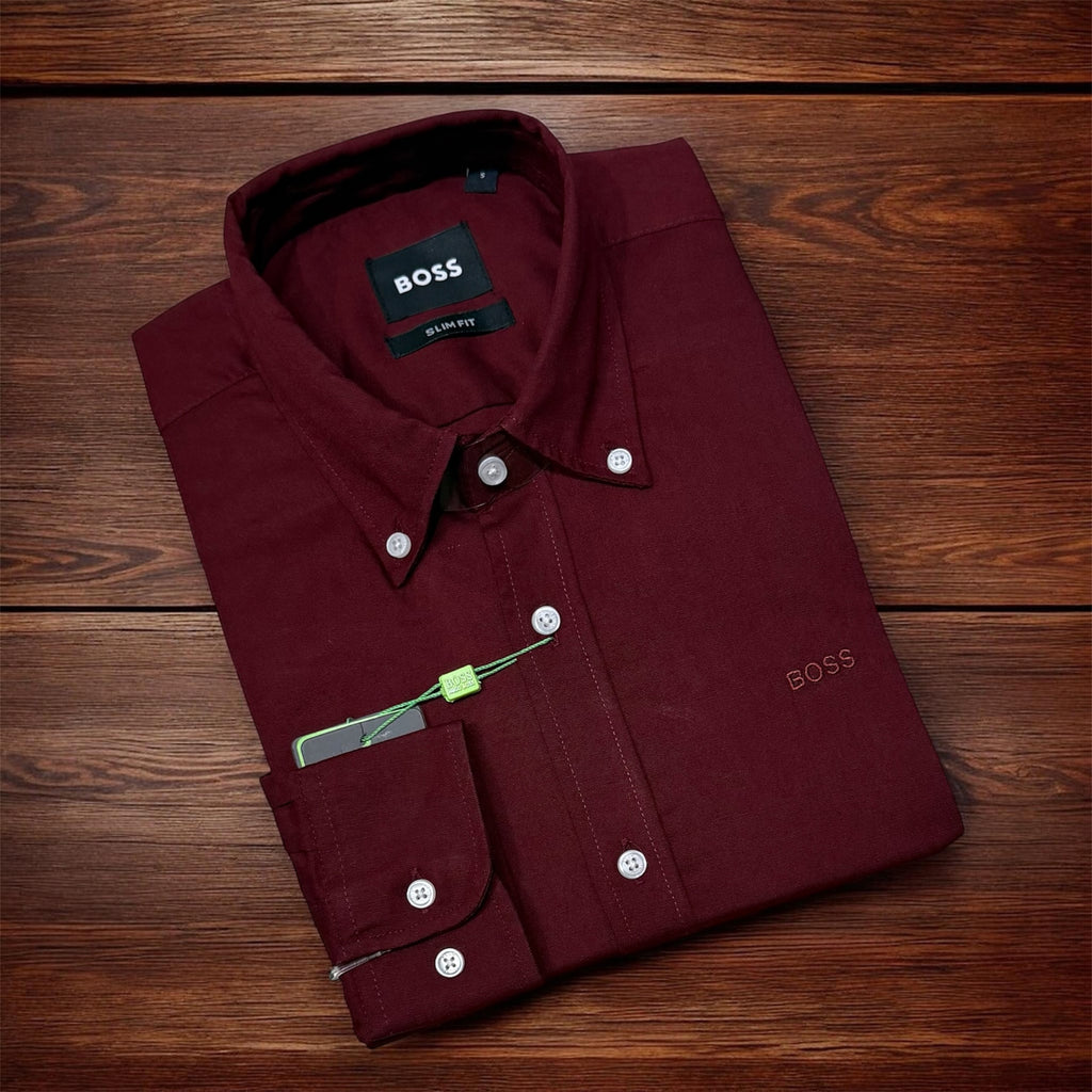 Premium Solid Oxford Cotton Shirt HBS Maroon 155