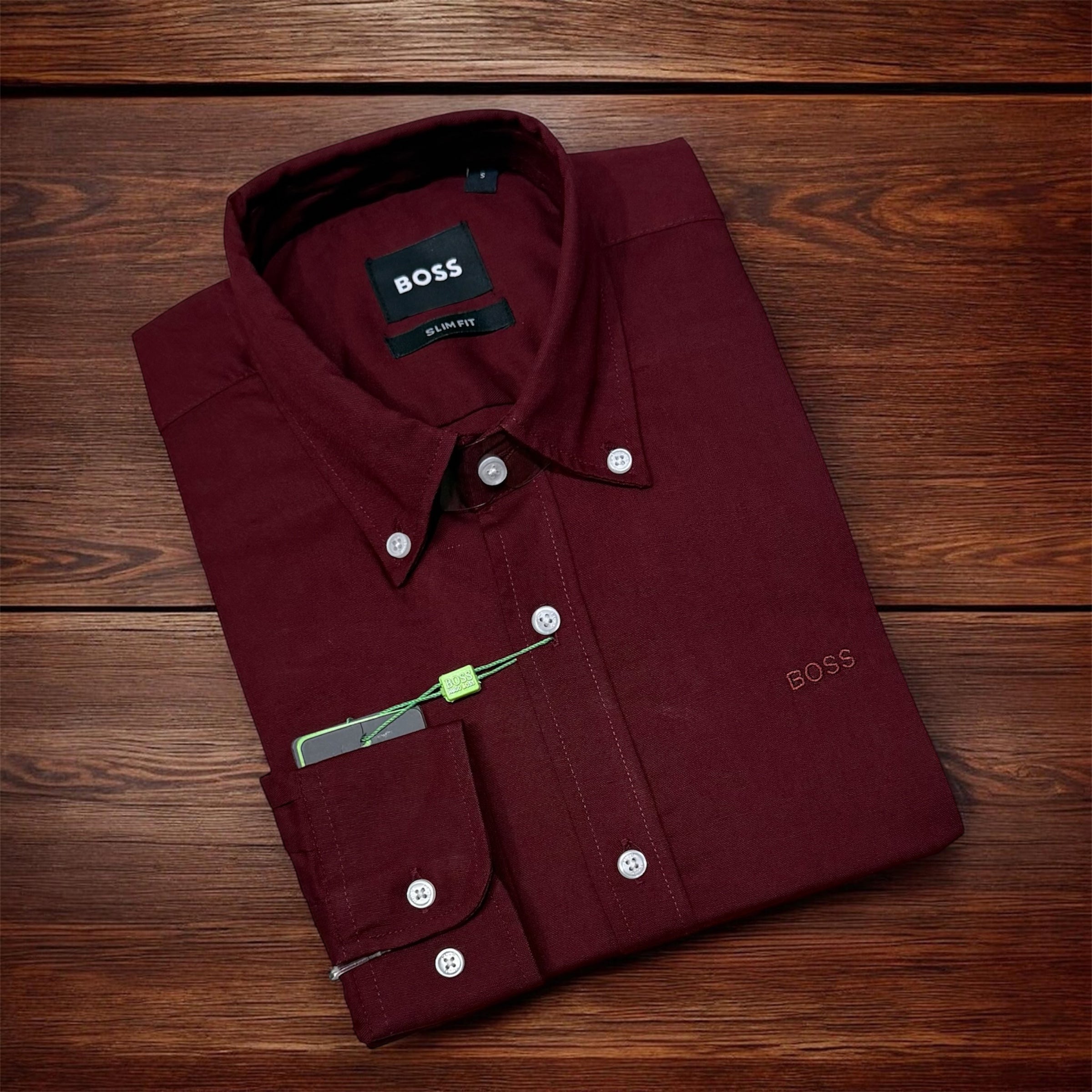 Premium Solid Oxford Cotton Shirt HBS Maroon 155