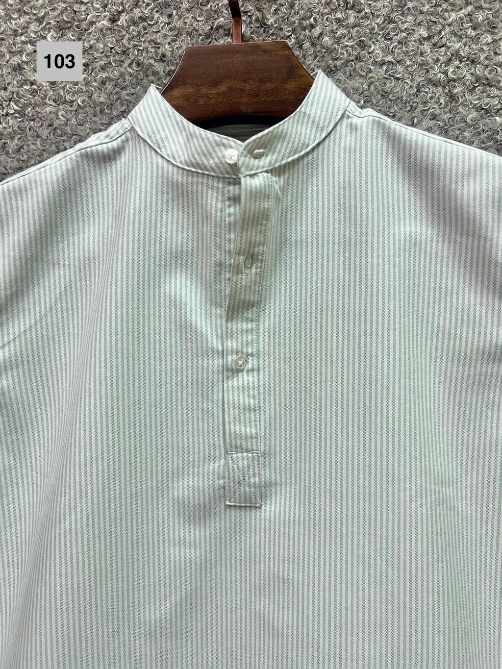 Mandarin Collar Micro-Stripe Box-Pleat Shirt 103