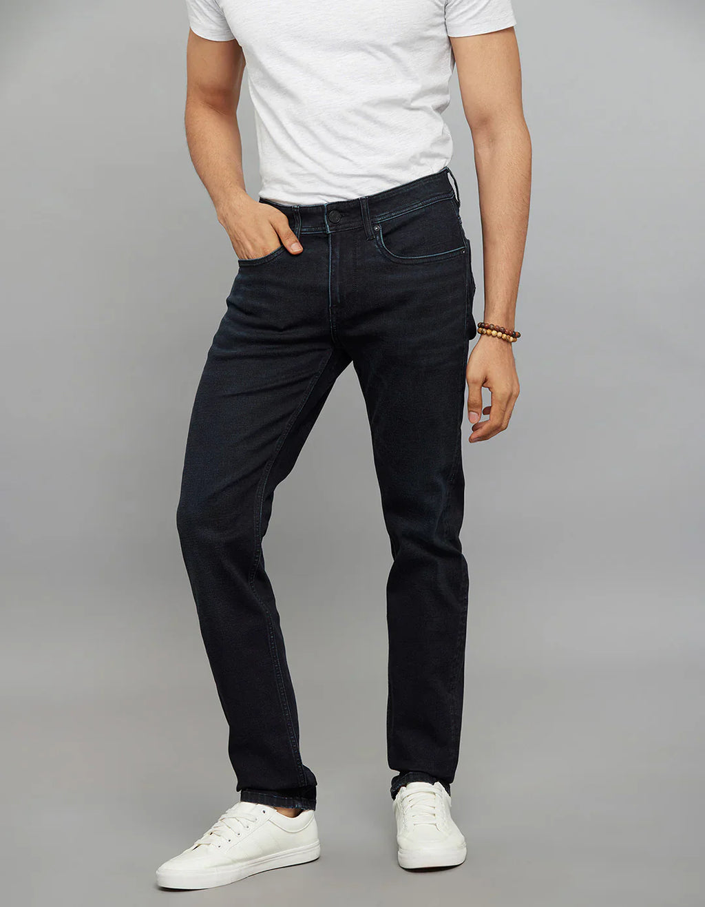 Dark Blue 5 Pocket Mid-Rise Slim Straight Fit Classic Stretch Jeans RJ6236