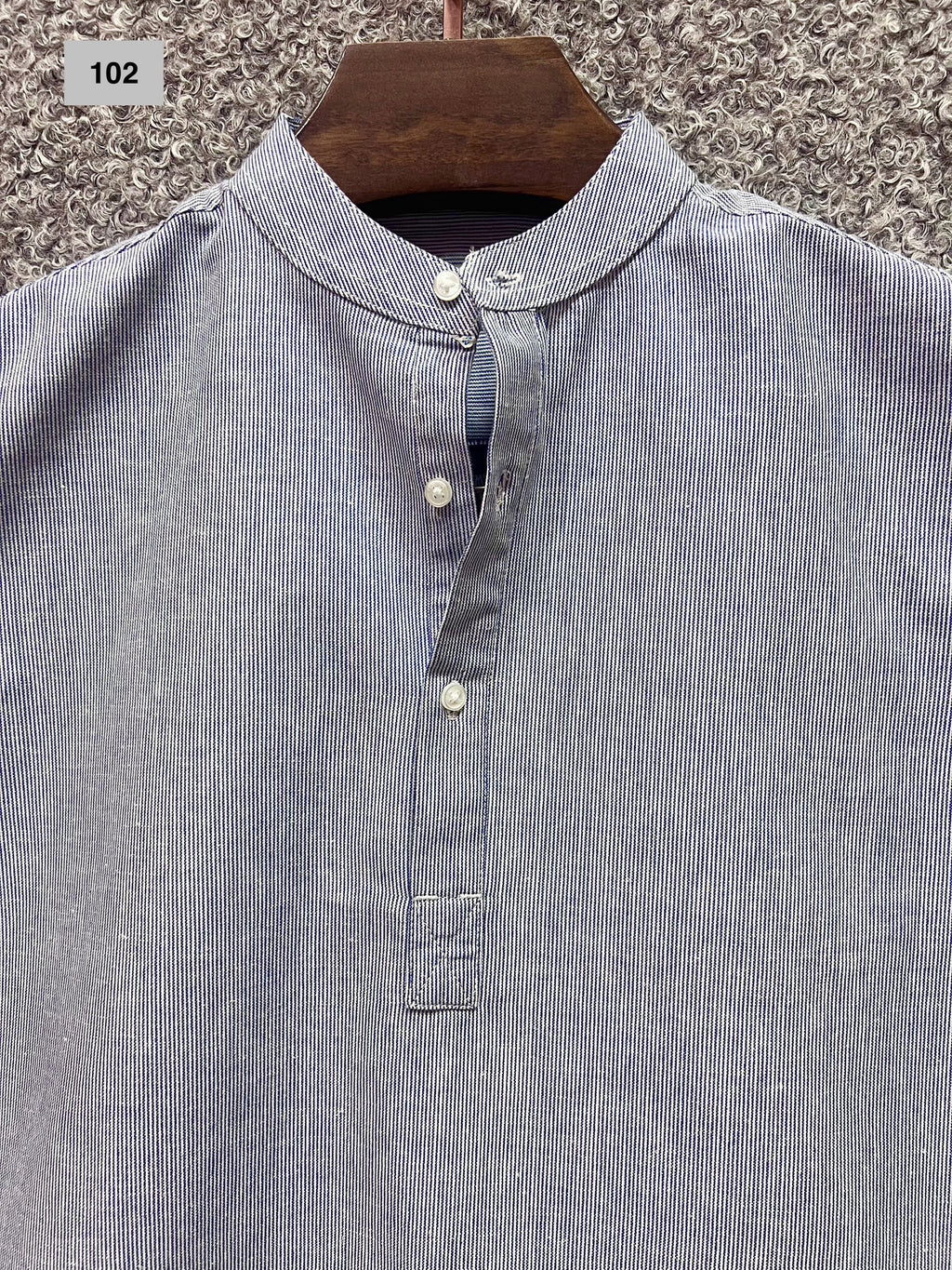 Mandarin Collar Micro-Stripe Box-Pleat Shirt 102